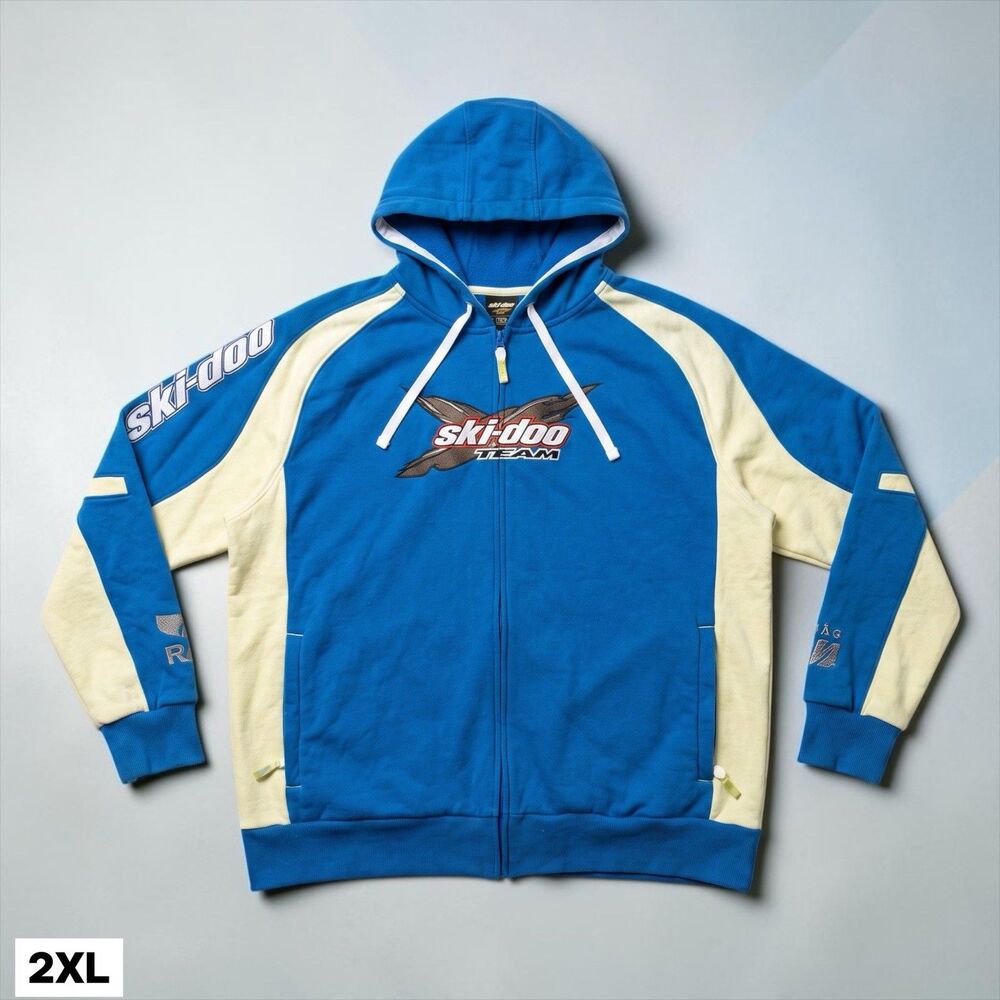 VTG Ski Doo Team BRP Hoodie Jacket Men's XL Full Zip Blue Cream Y2K Snowmobile
